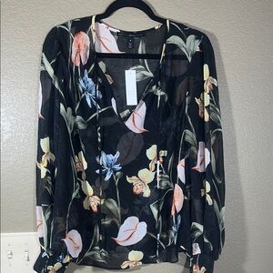 NWT White House Black Market Beautiful Black Floral Sheer Blouse M